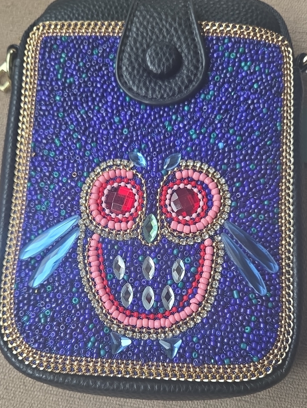 Beaded Rhinestone Owl Crossbody Phone Bag - Purple & Pink